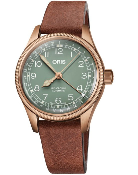 Oris Oris Big Crown Pointer Date Calibre 01 754 7749 3167-07 5 17 69GBR  01 754 7749 3167-07 5 17 69GBR механические мужские часы зеленый циферблат, браслет кожаный — вид спереди